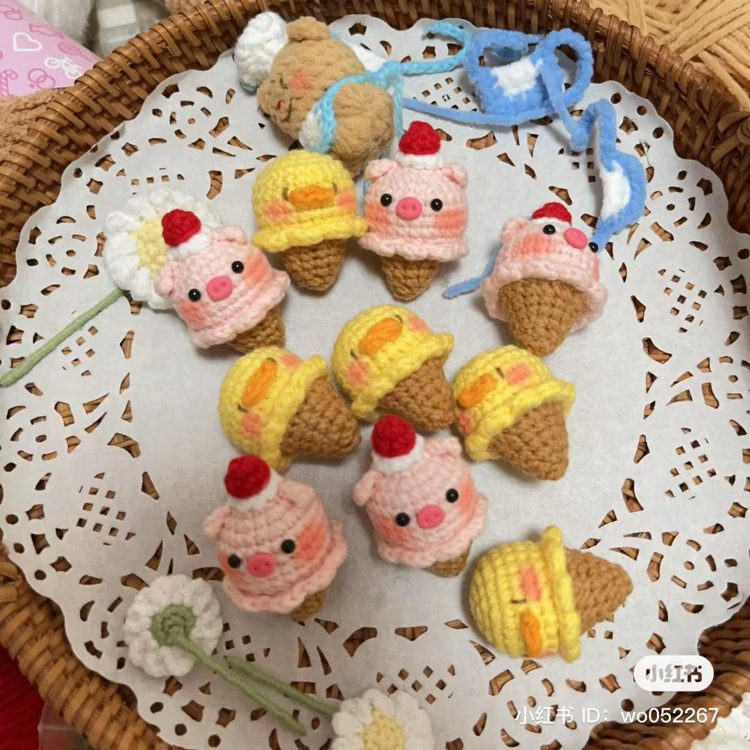 Crochet Amigurumi Patterns: Cute Cat with Headphones, Pig & Duck Ice Cream Cones, and Green Vegetable Bird