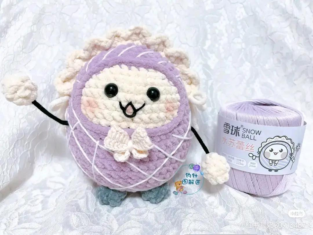 Crochet Amigurumi Snowball Doll Pattern - Purple and Cream Round Character with Bow Tie