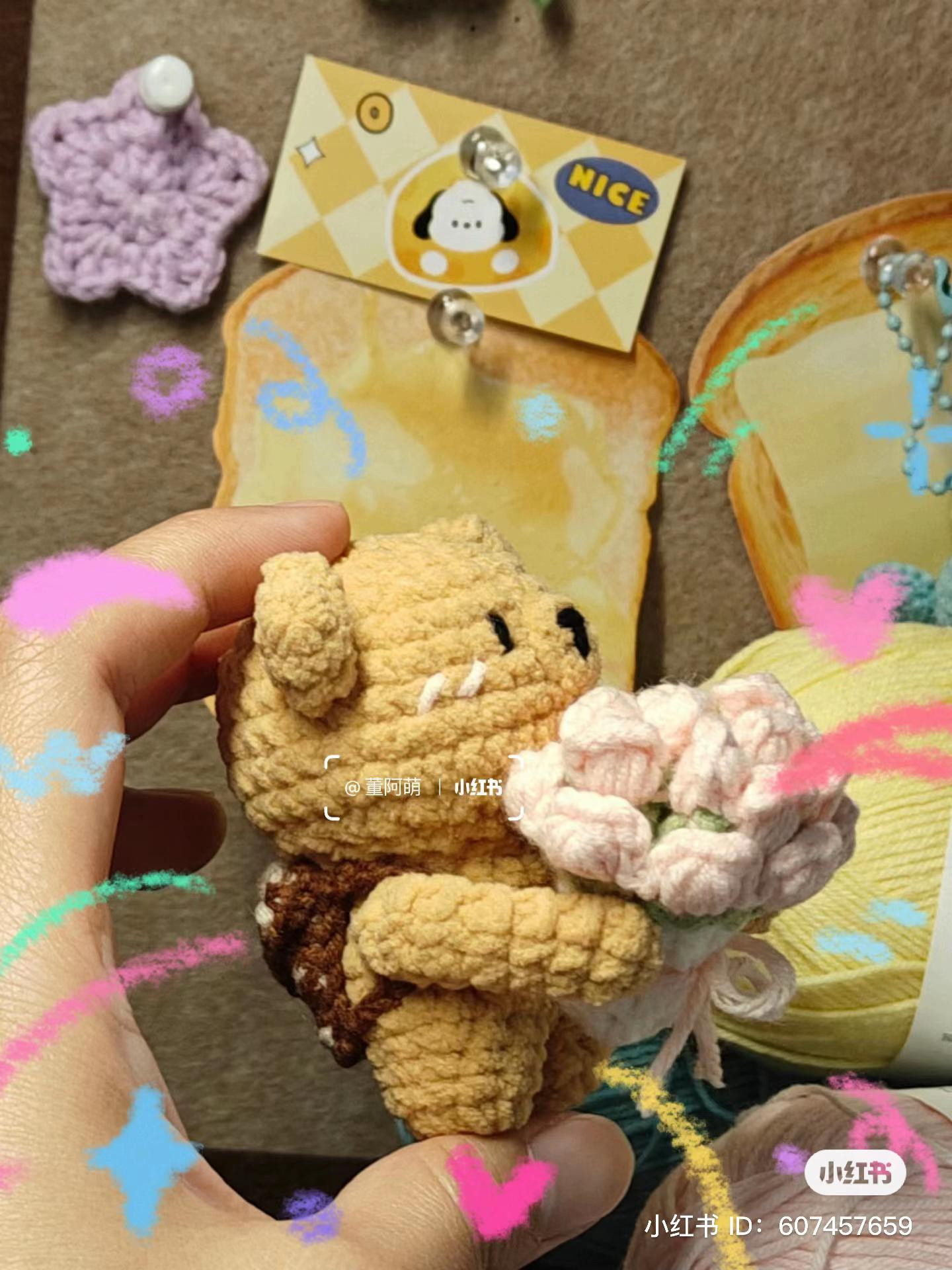 Crochet Backpack Bear Pattern with Flower Bouquet