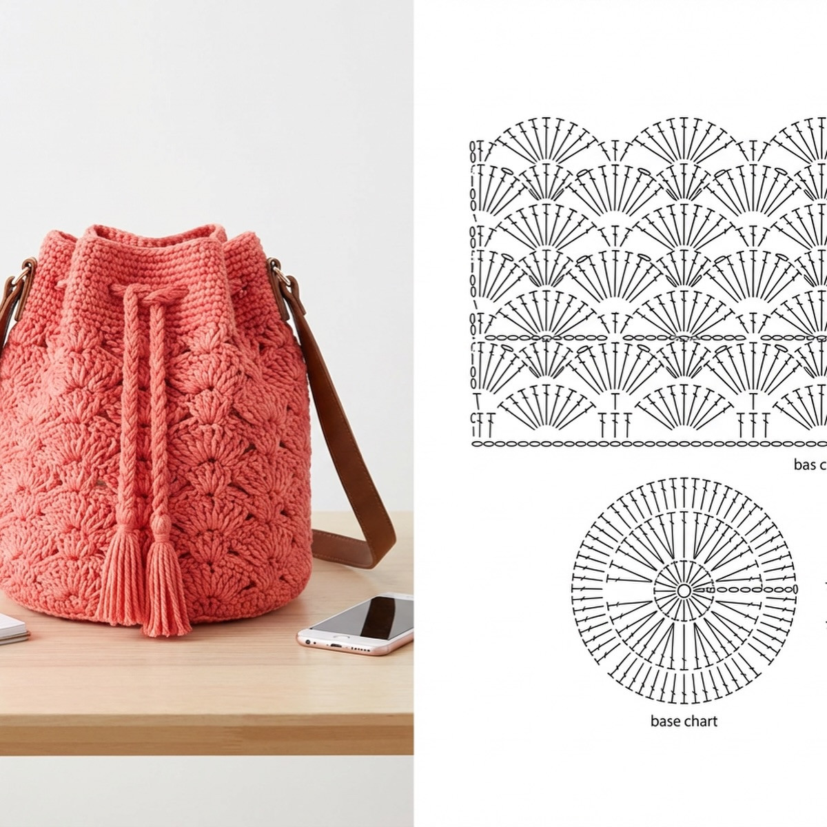 Crochet Bag Charts: Yellow, Pink, and Mint Green Fan Pattern Tote Bags with Base and Body Instructions