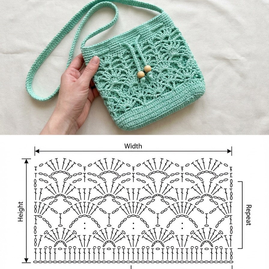 Crochet Bag Charts: Yellow, Pink, and Mint Green Fan Pattern Tote Bags with Base and Body Instructions