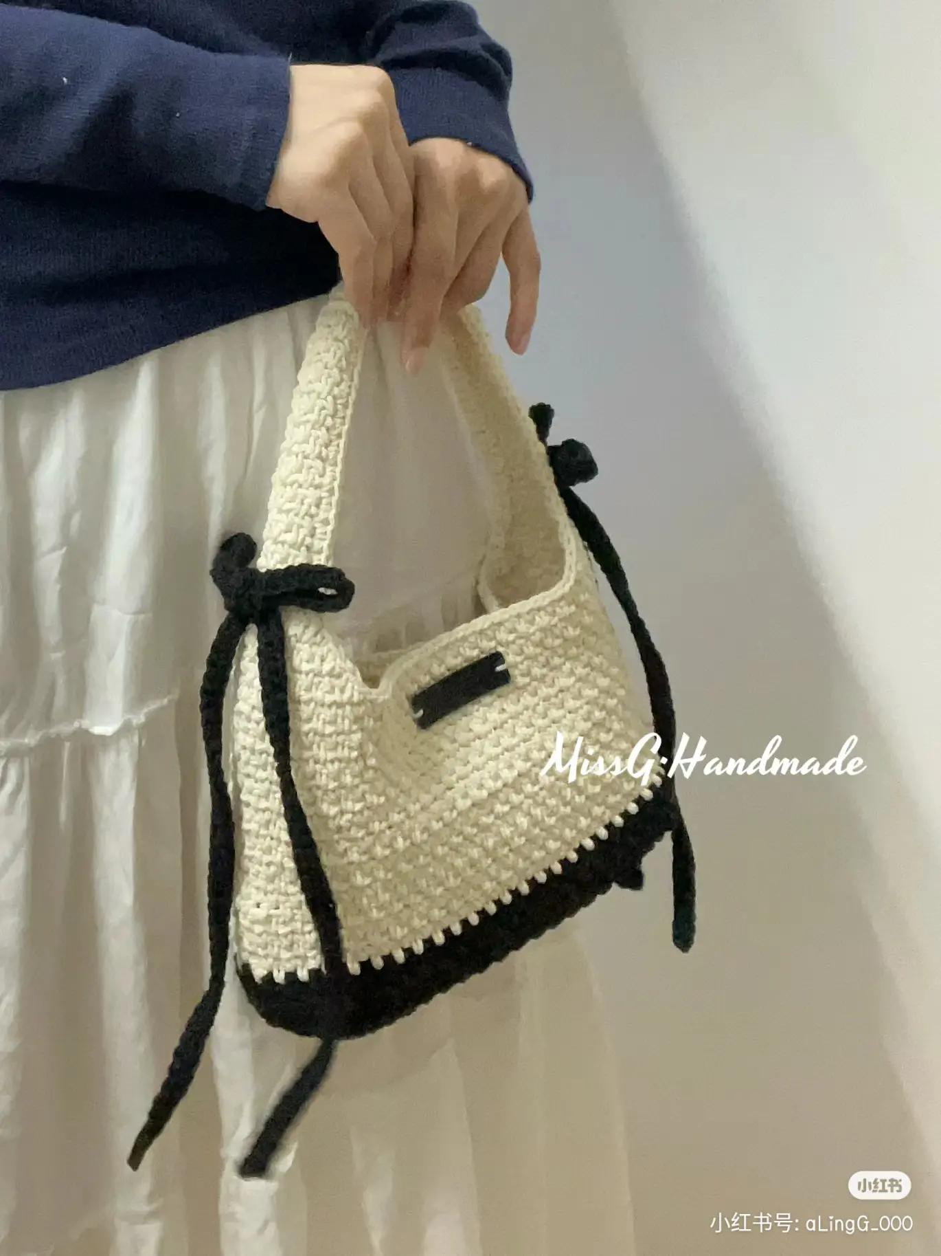 Crochet Bag Flat Chart Pattern: Cream and Black Handmade Tote with Bow Details