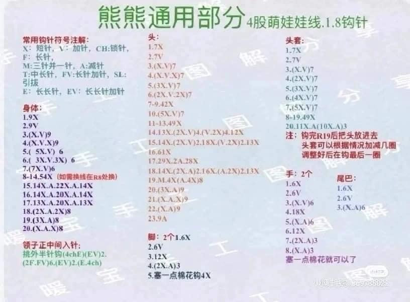 Crochet Bear Amigurumi Pattern Chart: Apron, Strawberry, Eggplant, Pikachu