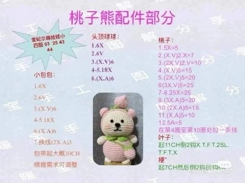 Crochet Bear Amigurumi Pattern Chart: Apron, Strawberry, Eggplant, Pikachu