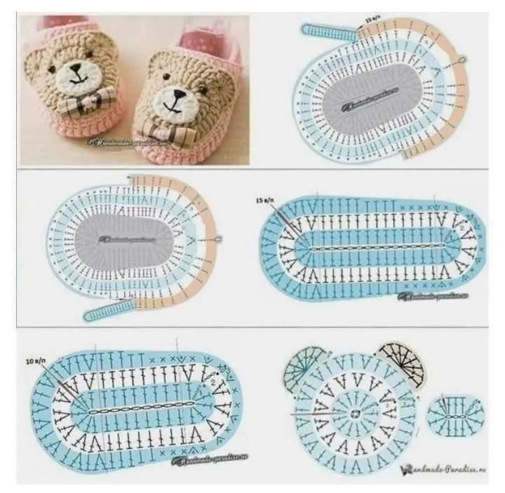 Crochet Bear Baby Booties Flat Chart Pattern with Size Guide