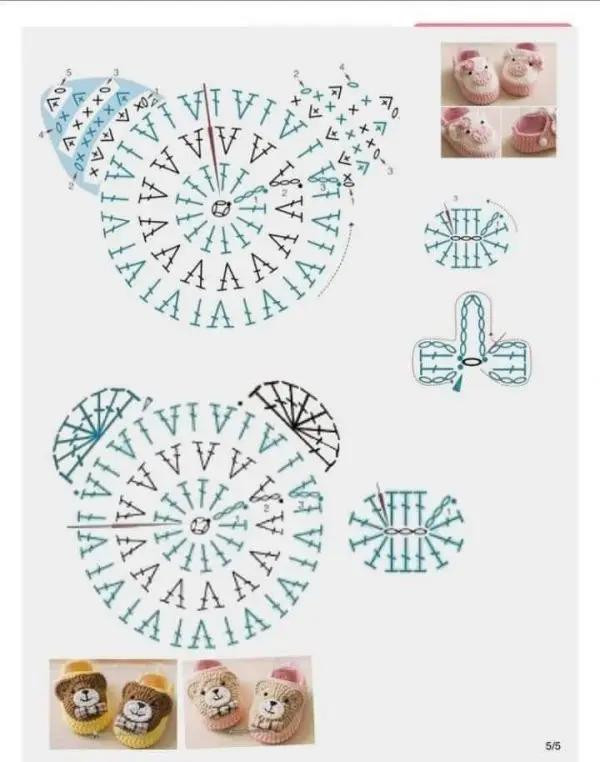 Crochet Bear Baby Booties Flat Chart Pattern with Size Guide