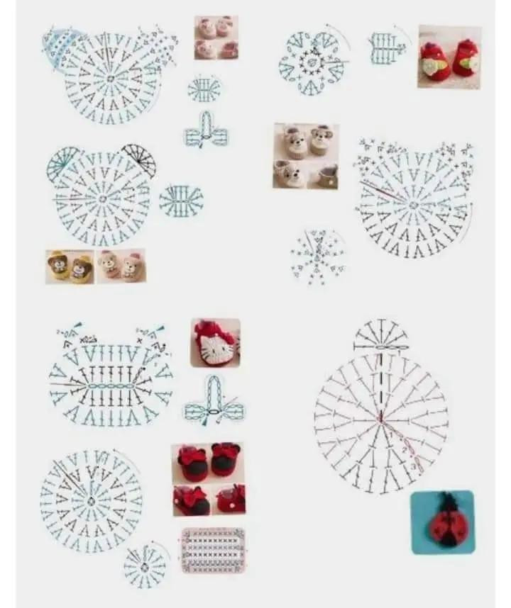 Crochet Bear Baby Booties Flat Chart Pattern with Size Guide