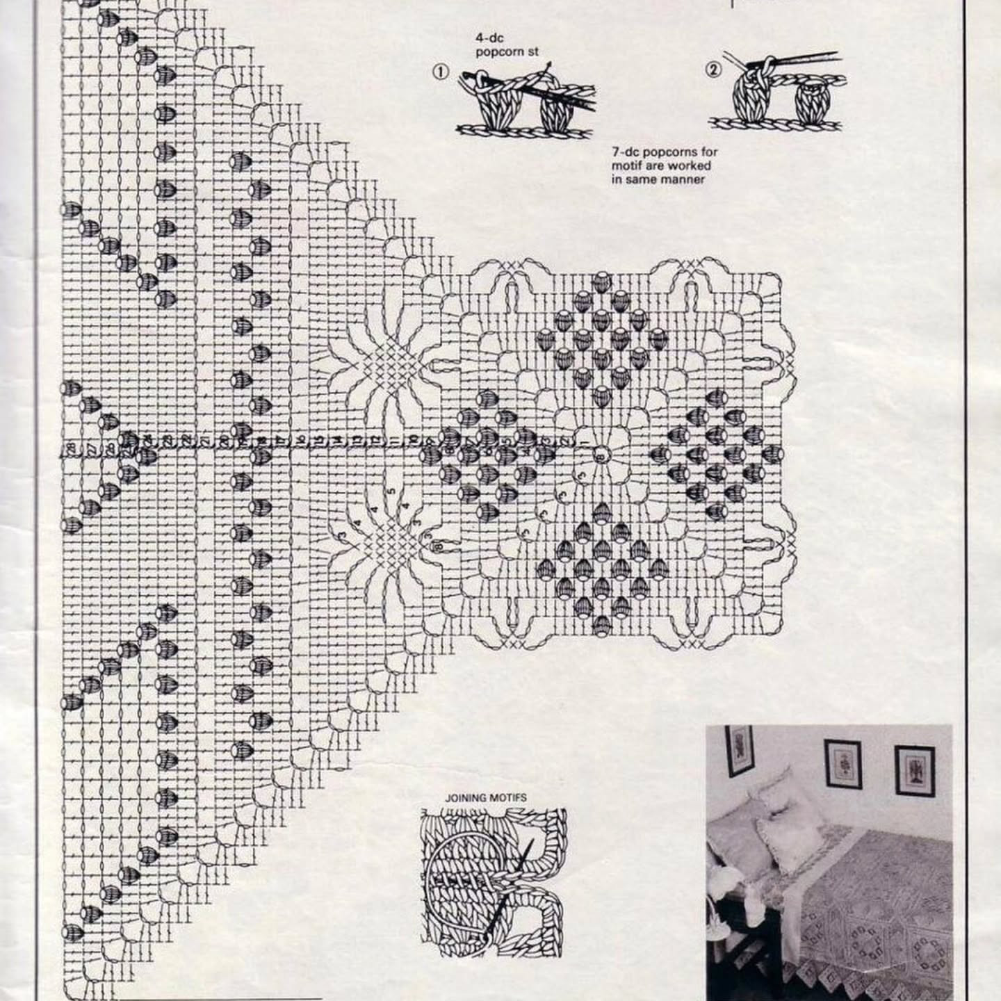 Crochet Bedspread Pattern Chart with Popcorn Stitch and Floral Motifs