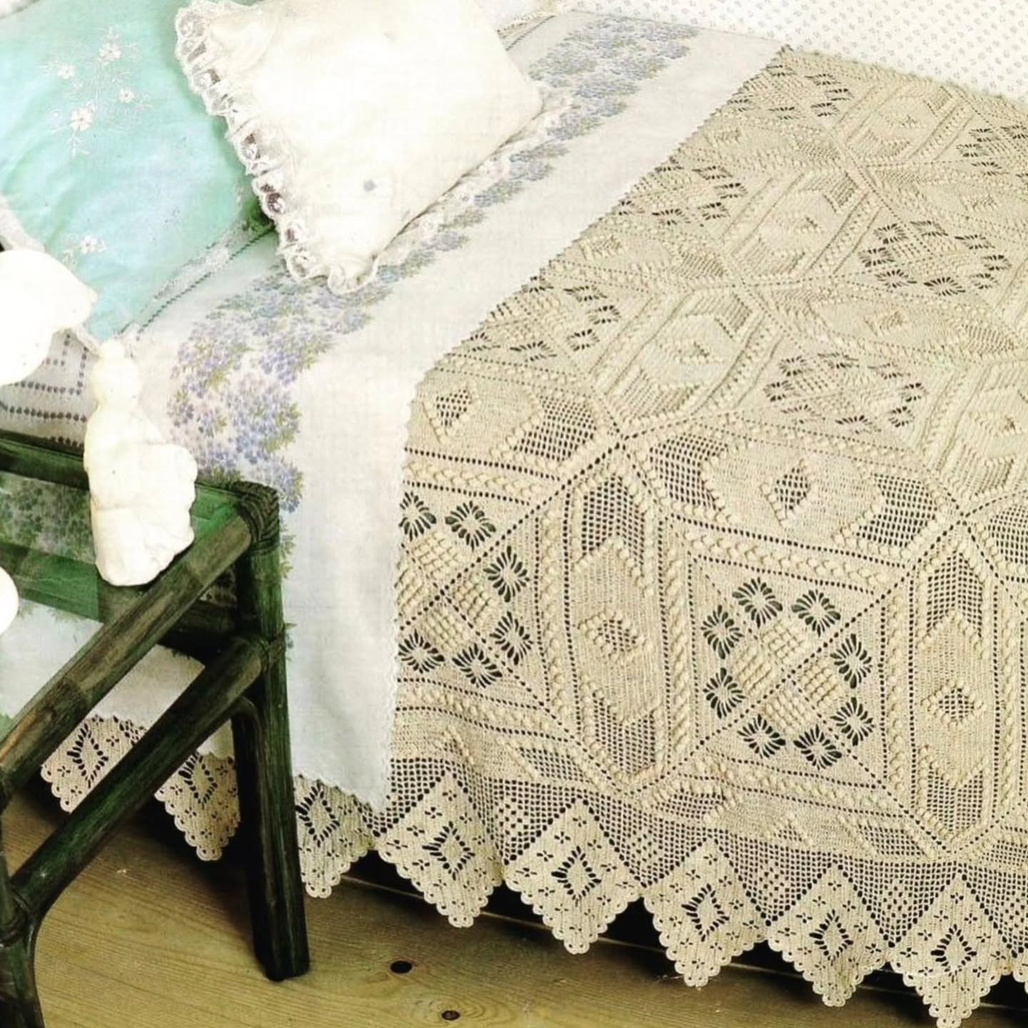 Crochet Bedspread Pattern Chart with Popcorn Stitch and Floral Motifs