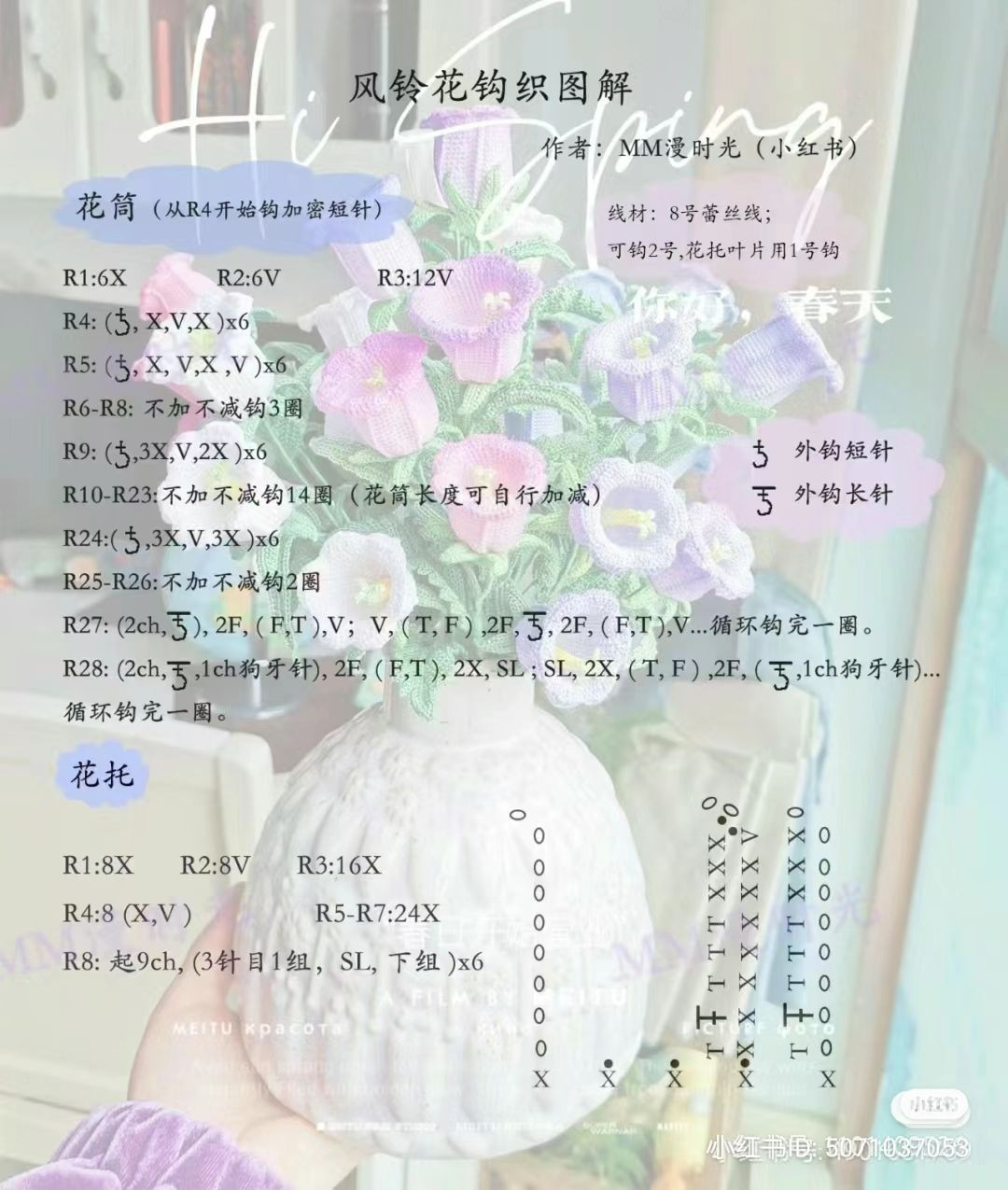 Crochet Bellflower Bouquet Pattern Chart with Leaves and Stems