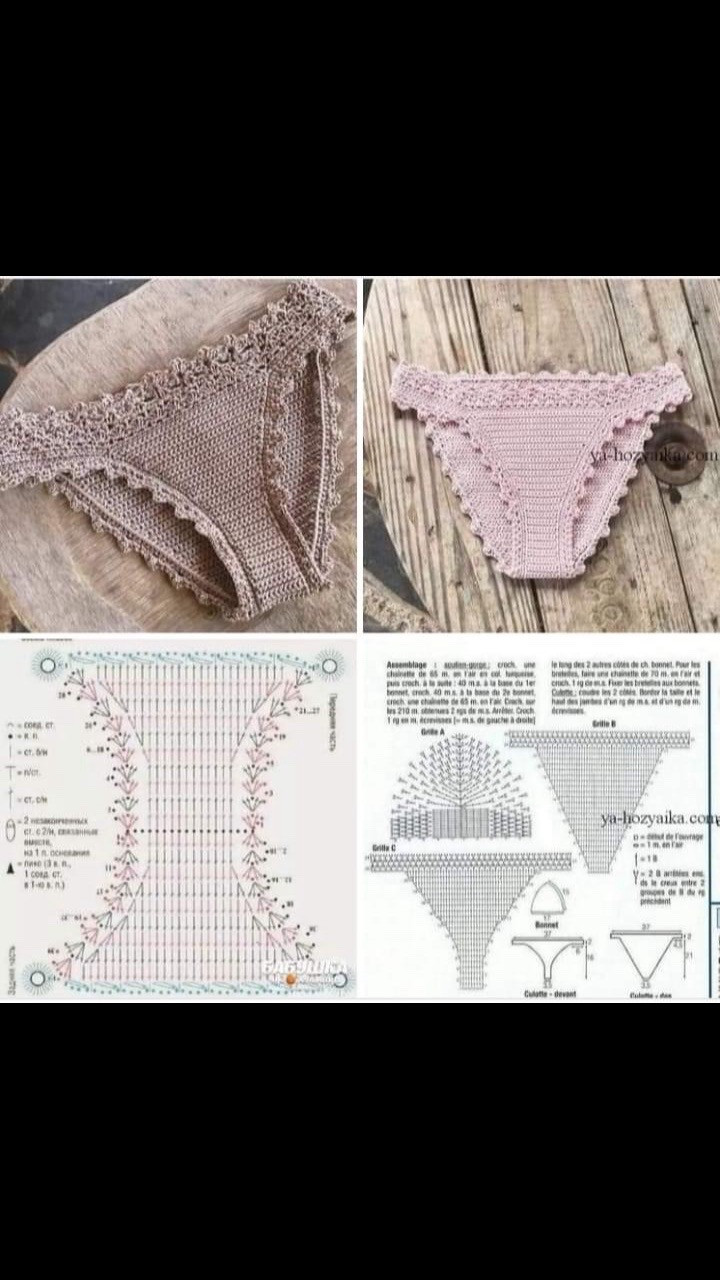 Crochet Bikini Bottoms Pattern: Detailed Flat Chart and Instructions for Beige and Pink Lace Underwear