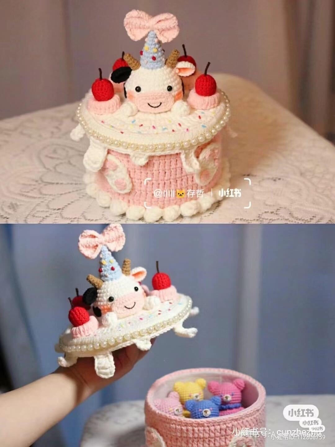 Crochet Birthday Cake Storage Box with Cow and Pig Amigurumi Pattern