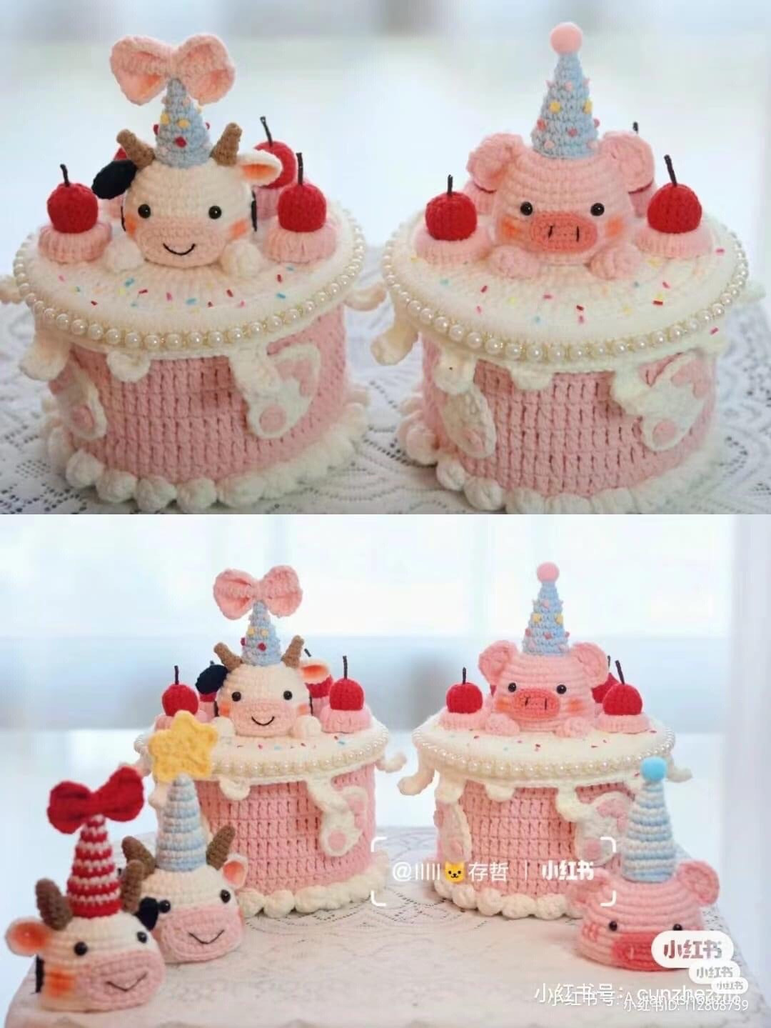 Crochet Birthday Cake Storage Box with Cow and Pig Amigurumi Pattern
