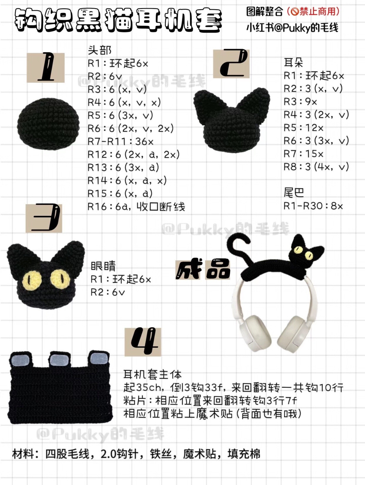 Crochet Black Cat Headphone Cover Tutorial: Step-by-Step Pattern and Diagram