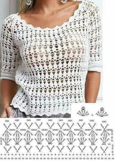 Crochet Blusa Patterns: Yellow Lacy Top, White Shell Stitch Sweater, and Beige Tank Top Charts