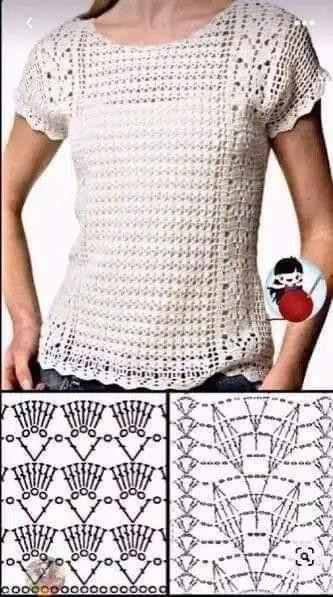 Crochet Blusa Patterns: Yellow Lacy Top, White Shell Stitch Sweater, and Beige Tank Top Charts