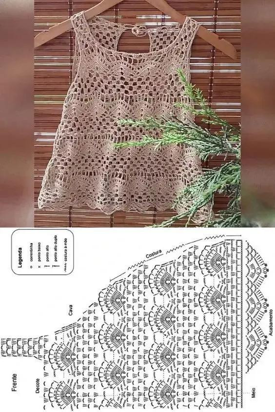 Crochet Blusa Patterns: Yellow Lacy Top, White Shell Stitch Sweater, and Beige Tank Top Charts