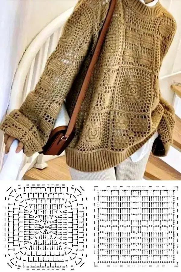 Crochet Blusa Patterns: Yellow Lacy Top, White Shell Stitch Sweater, and Beige Tank Top Charts