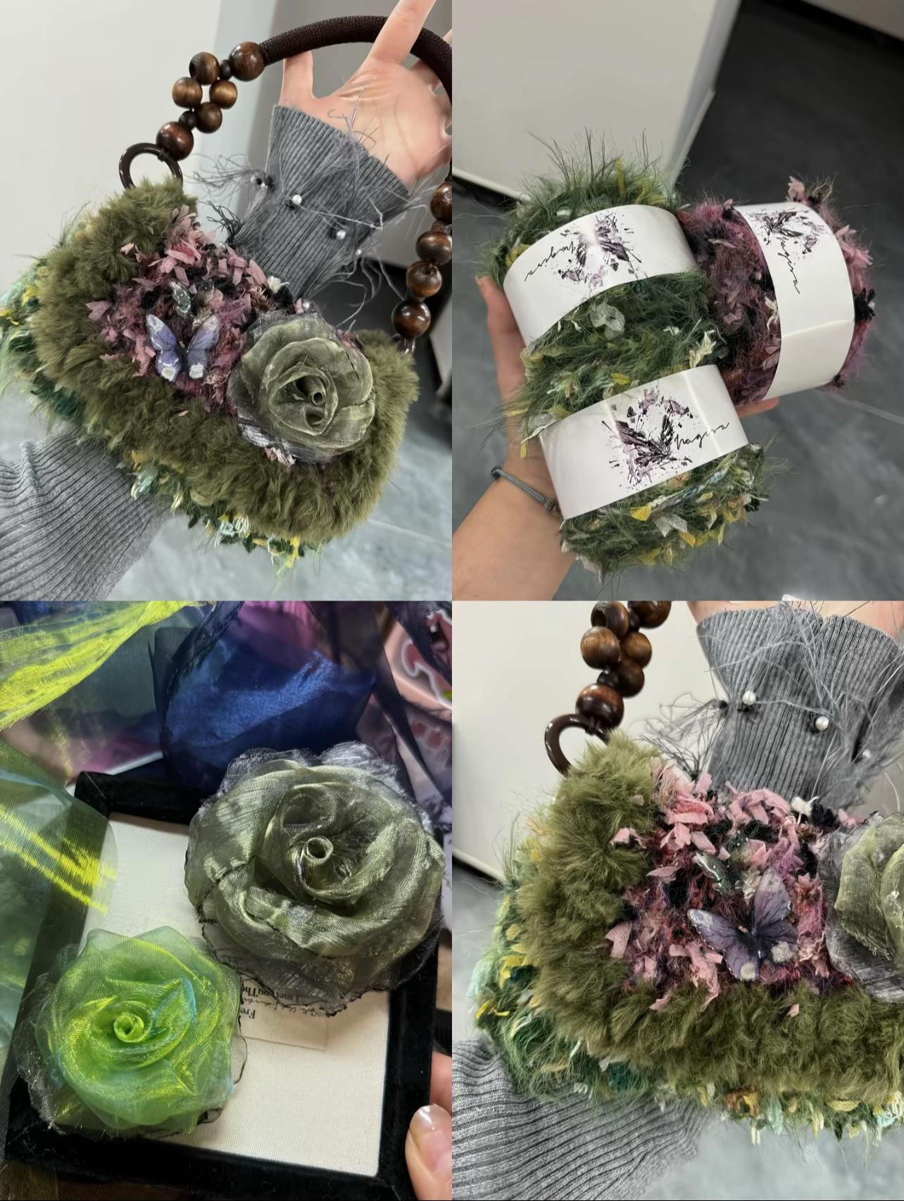 Crochet Boho Bag Pattern with Floral Embellishments and Wooden Bead Handle