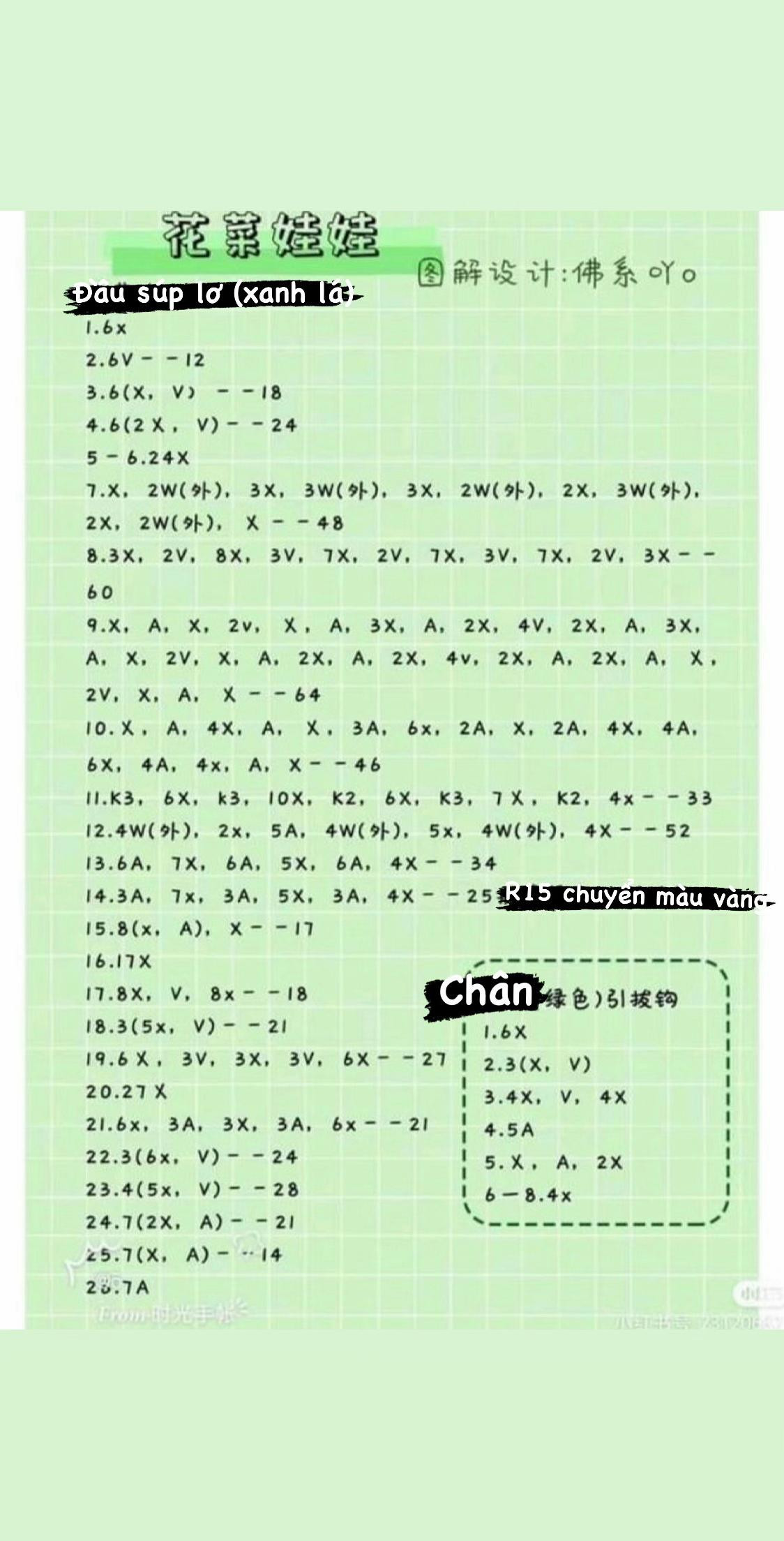 Crochet Broccoli Doll Pattern Chart with Vietnamese Instructions