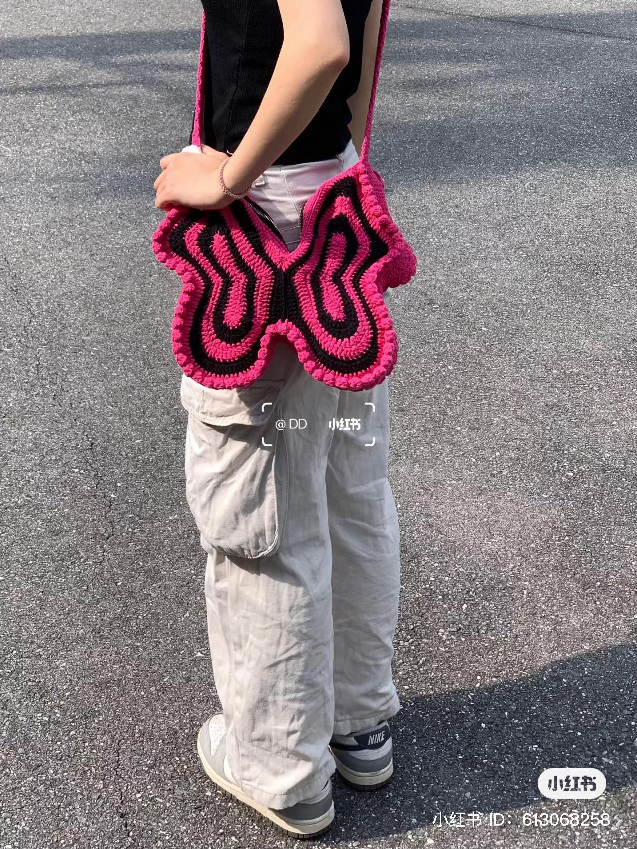 Crochet Butterfly Bag Pattern: Purple and Teal Gradient Design with Detailed Stitch Chart Instructions