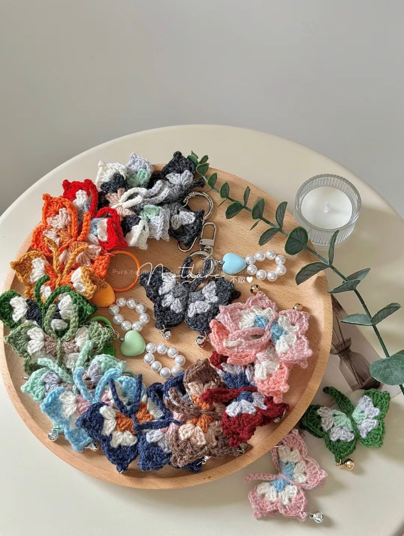 Crochet Butterfly Keychain Chart with Colorful Wings and Bells