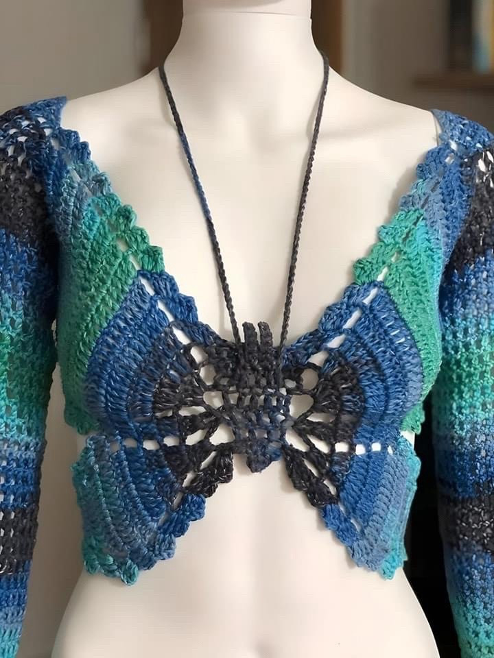 Crochet Butterfly Top Pattern Chart - Flat Diagram and Colorful Yarn Design Tutorial