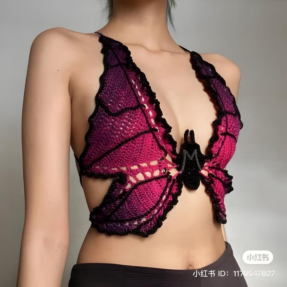 Crochet Butterfly Top Pattern Chart - Flat Diagram and Colorful Yarn Design Tutorial