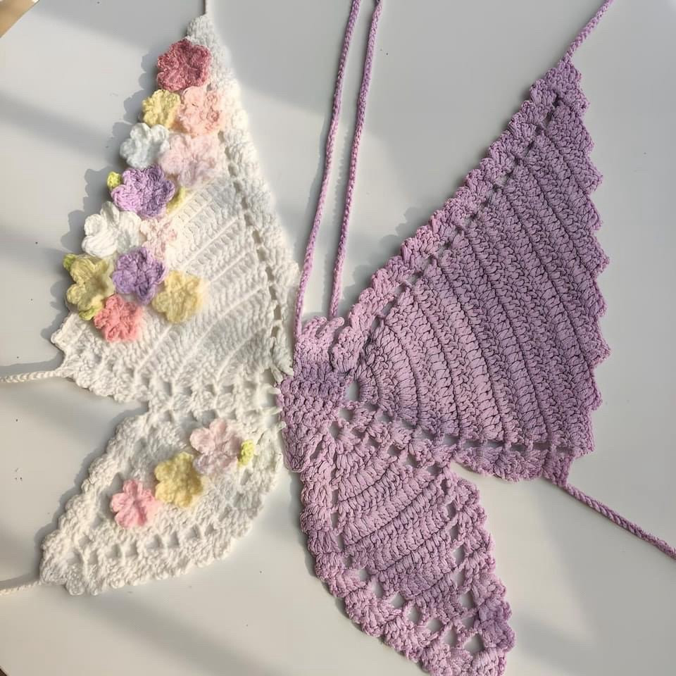Crochet Butterfly Top Pattern Chart - Flat Diagram and Colorful Yarn Design Tutorial