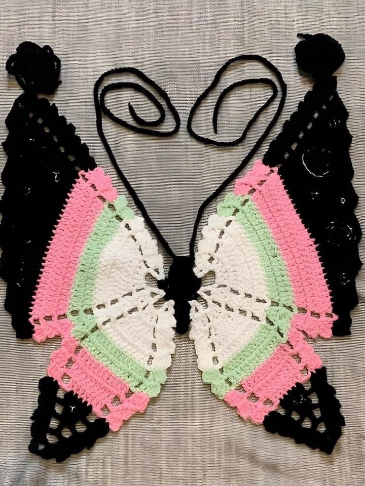 Crochet Butterfly Top Pattern Chart - Flat Diagram and Colorful Yarn Design Tutorial