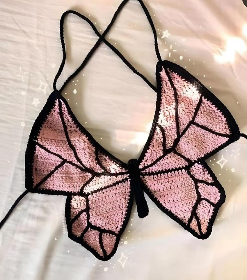 Crochet Butterfly Top Pattern Chart - Flat Diagram and Colorful Yarn Design Tutorial