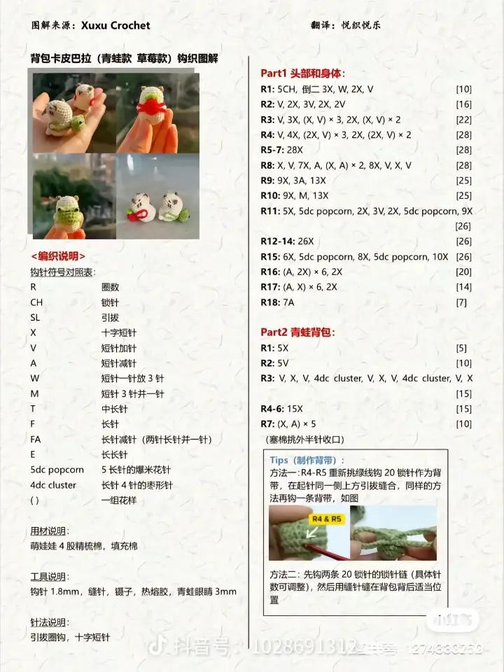 Crochet Capybara Amigurumi Pattern with Frog, Strawberry and Turtle Backpack Accessories