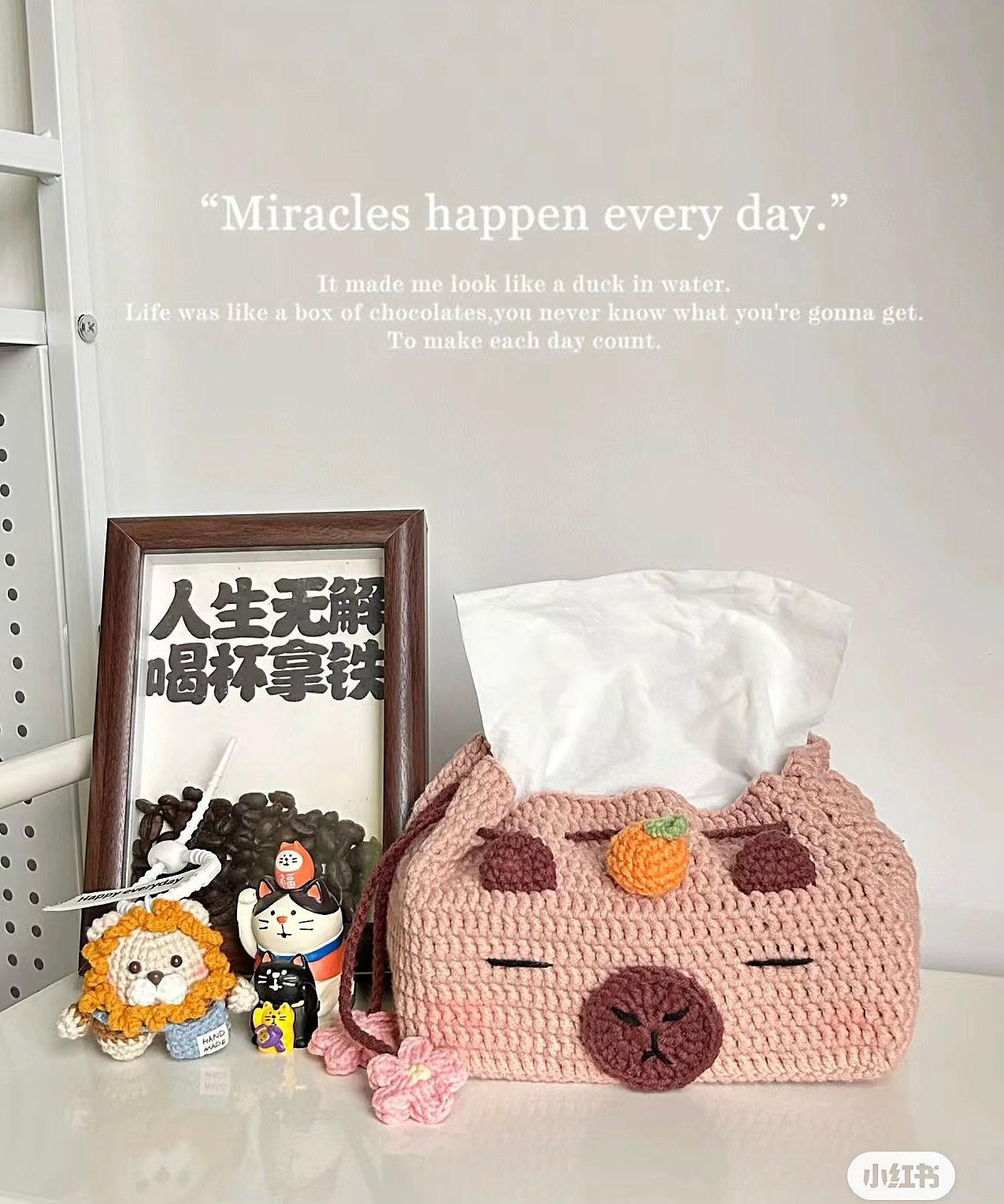 Crochet Capybara Tissue Box Cover Pattern with Orange and Flower