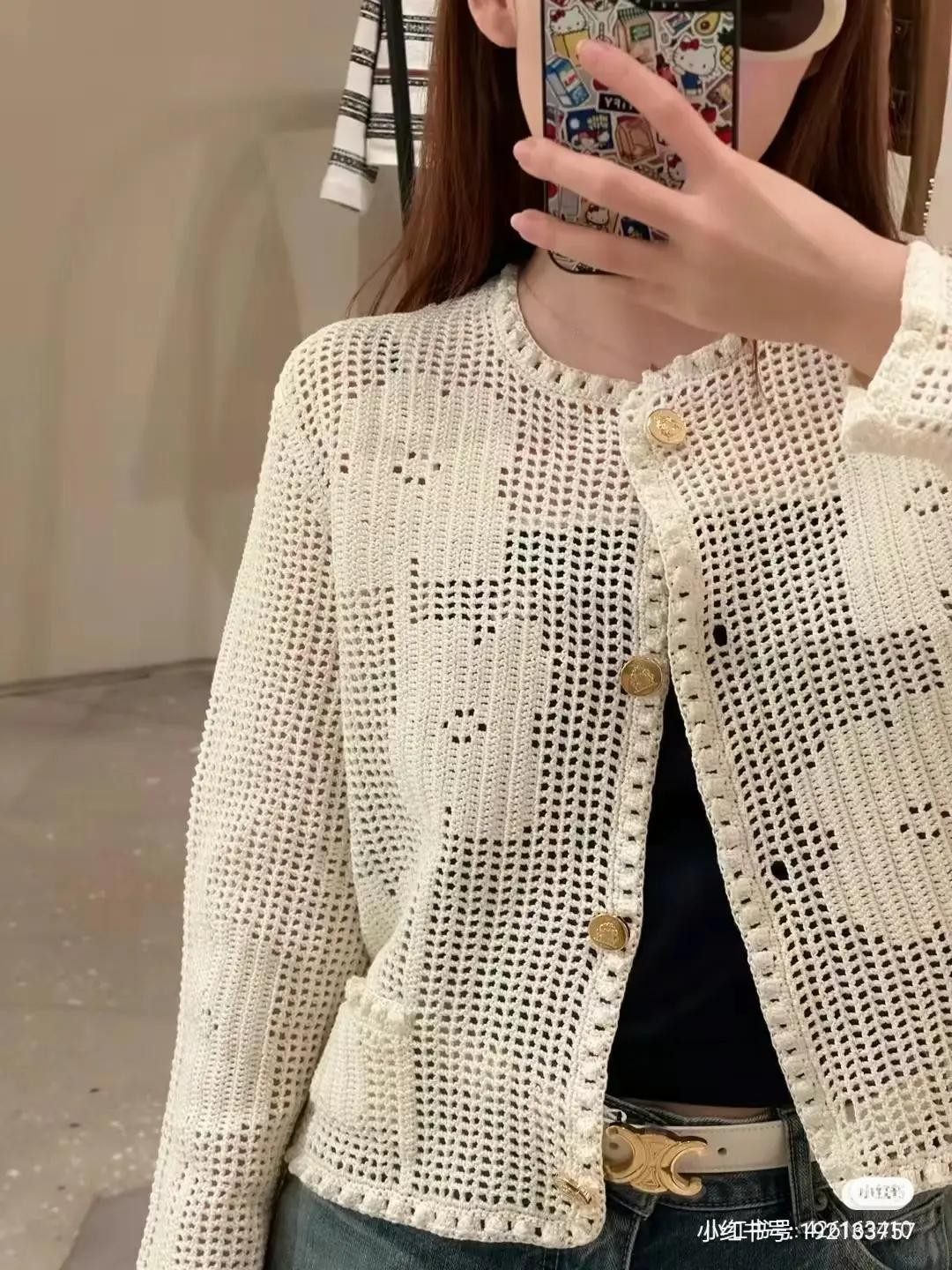 Crochet Cardigan Pattern: White Mesh Jacket with Gold Buttons and Detailed Stitch Chart