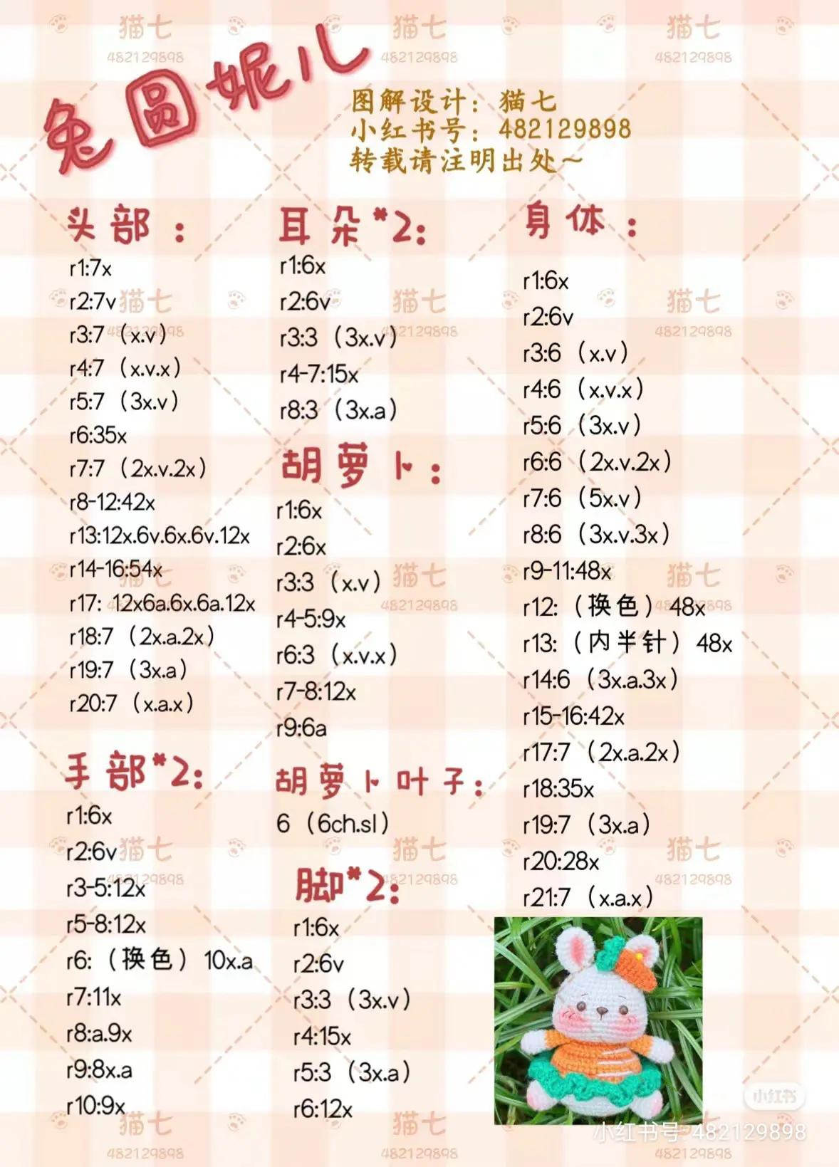 Crochet Carrot Rabbit Amigurumi Pattern: Cute White Bunny with Orange and Green Dress Keychain Chart