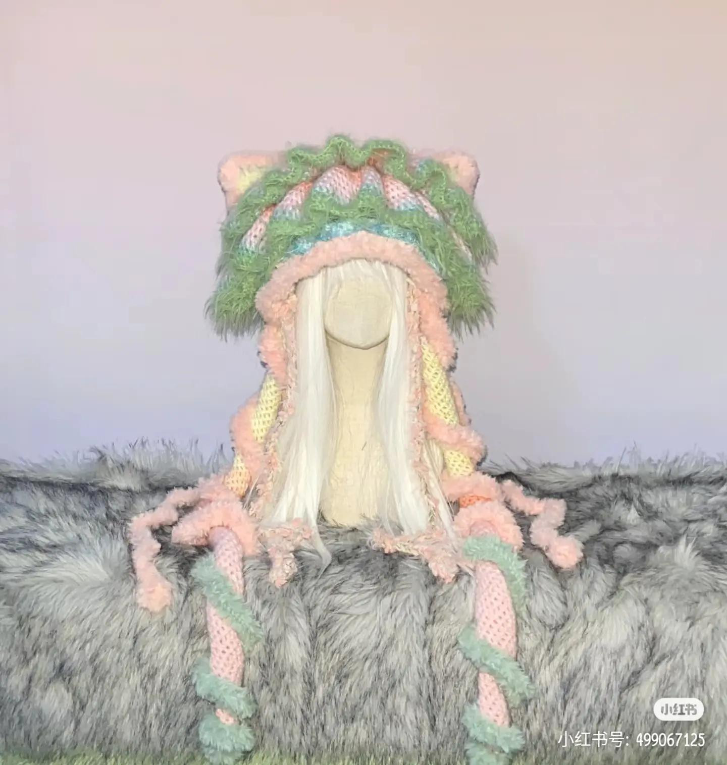 Crochet Cat Ear Hat Pattern with Colorful Pastel Fluffy Yarn and Detailed Instructions