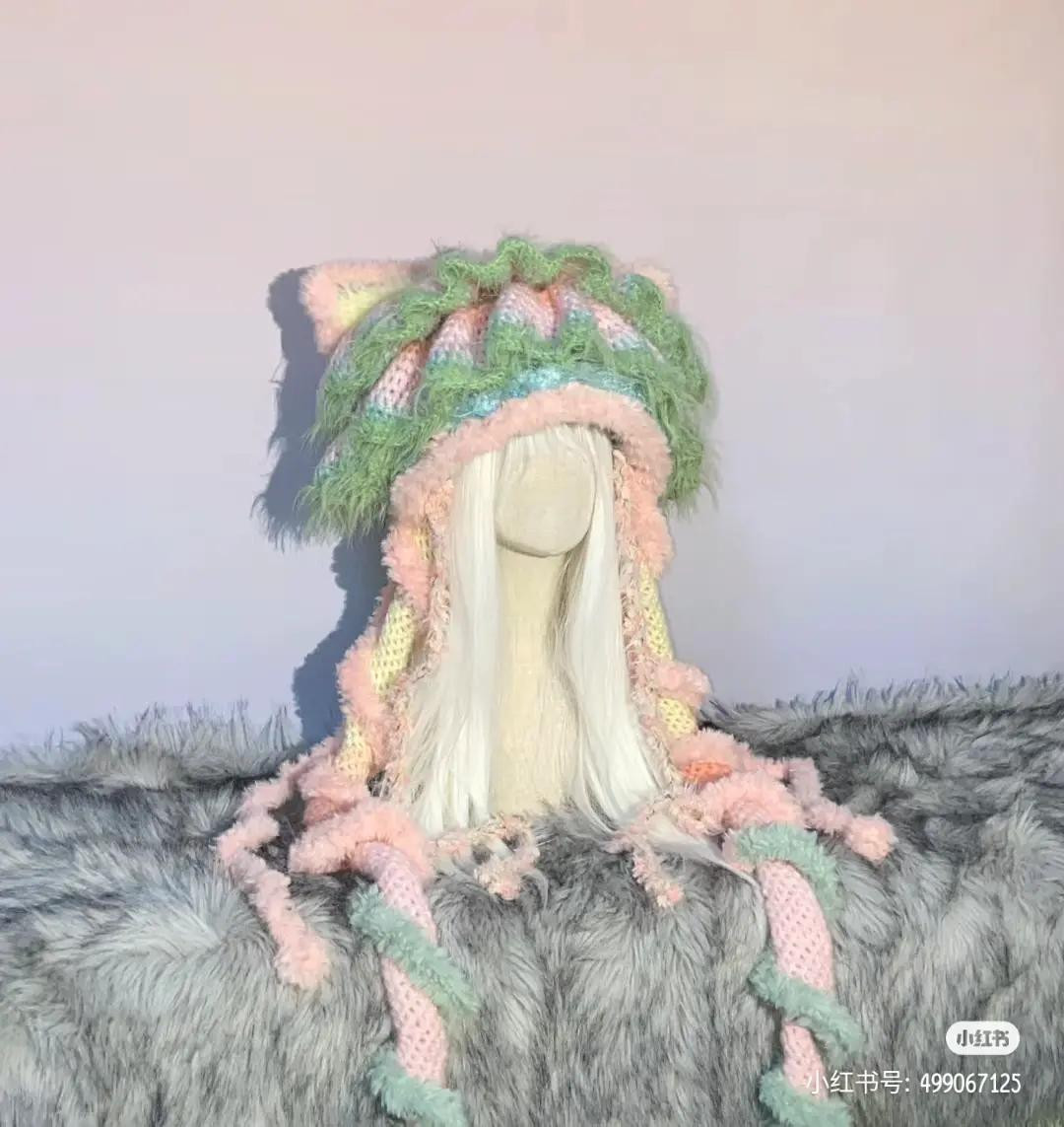 Crochet Cat Ear Hat Pattern with Colorful Pastel Fluffy Yarn and Detailed Instructions
