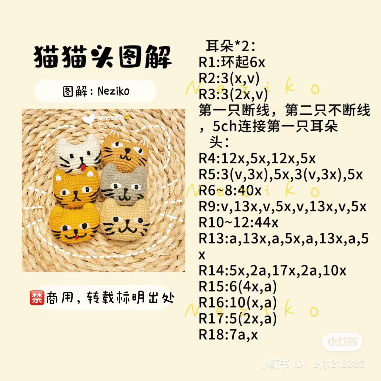 Crochet Cat Head Pattern Tutorial with Color Variations