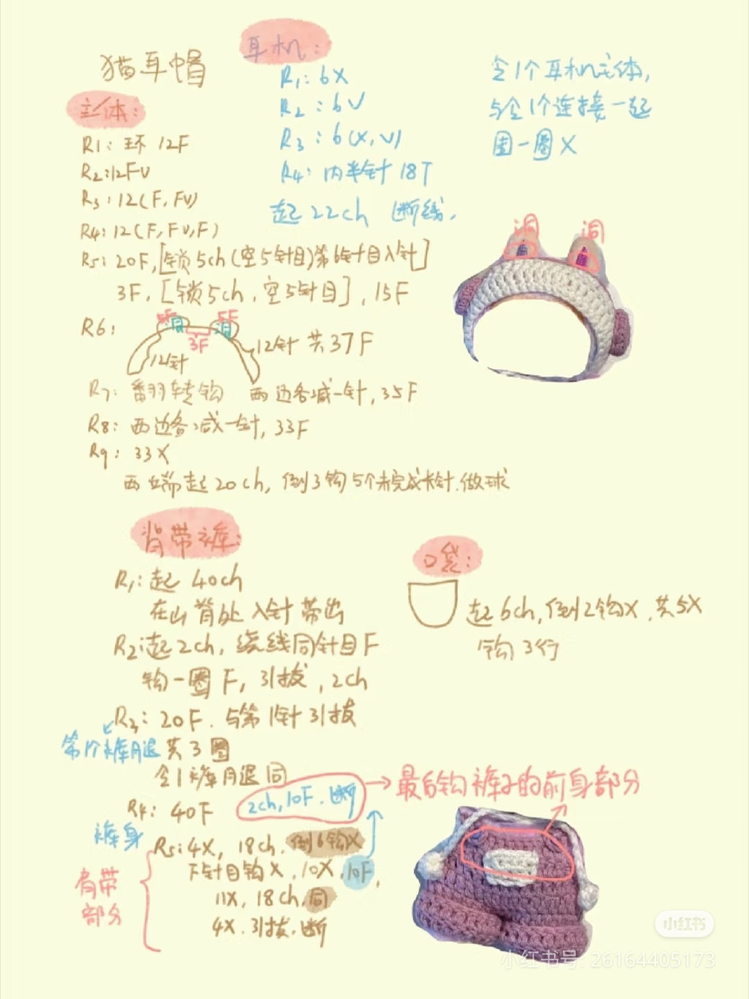 Crochet Chart: Cute Cat Ear Hood and Overalls for Doll