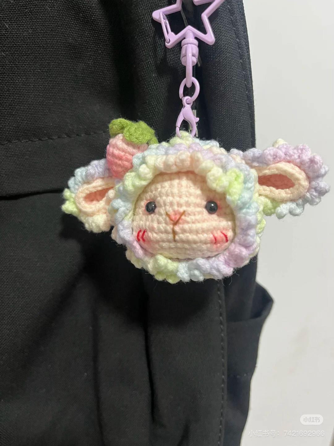 Crochet Chart: Cute Mini Pastel Sheep Head Keychain with Strawberry