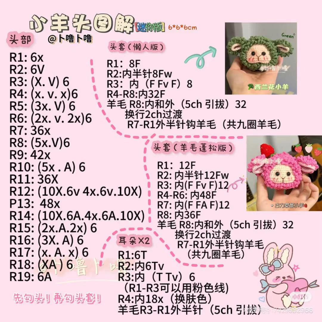 Crochet Chart: Cute Mini Pastel Sheep Head Keychain with Strawberry