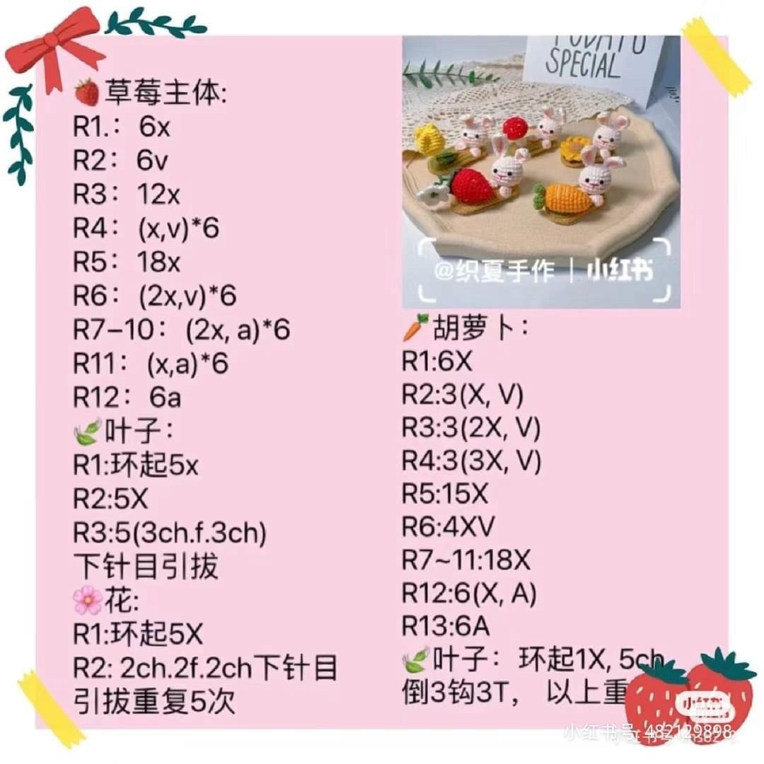 Crochet Chart: Cute Rabbit with Strawberry, Sunflower and Tulip Accessories