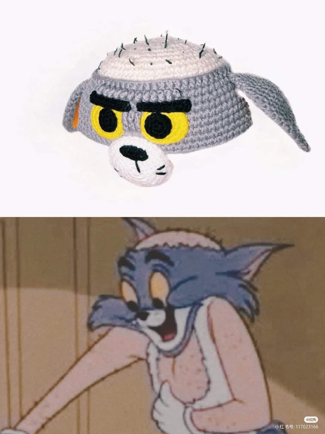 Crochet Chart for Bald Tom Cat Hat with Gray and White Yarn