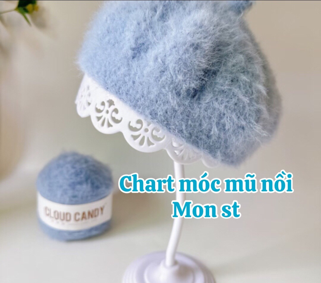 Crochet Chart for Blue Fluffy Beret Hat with Monstera Leaf Detail