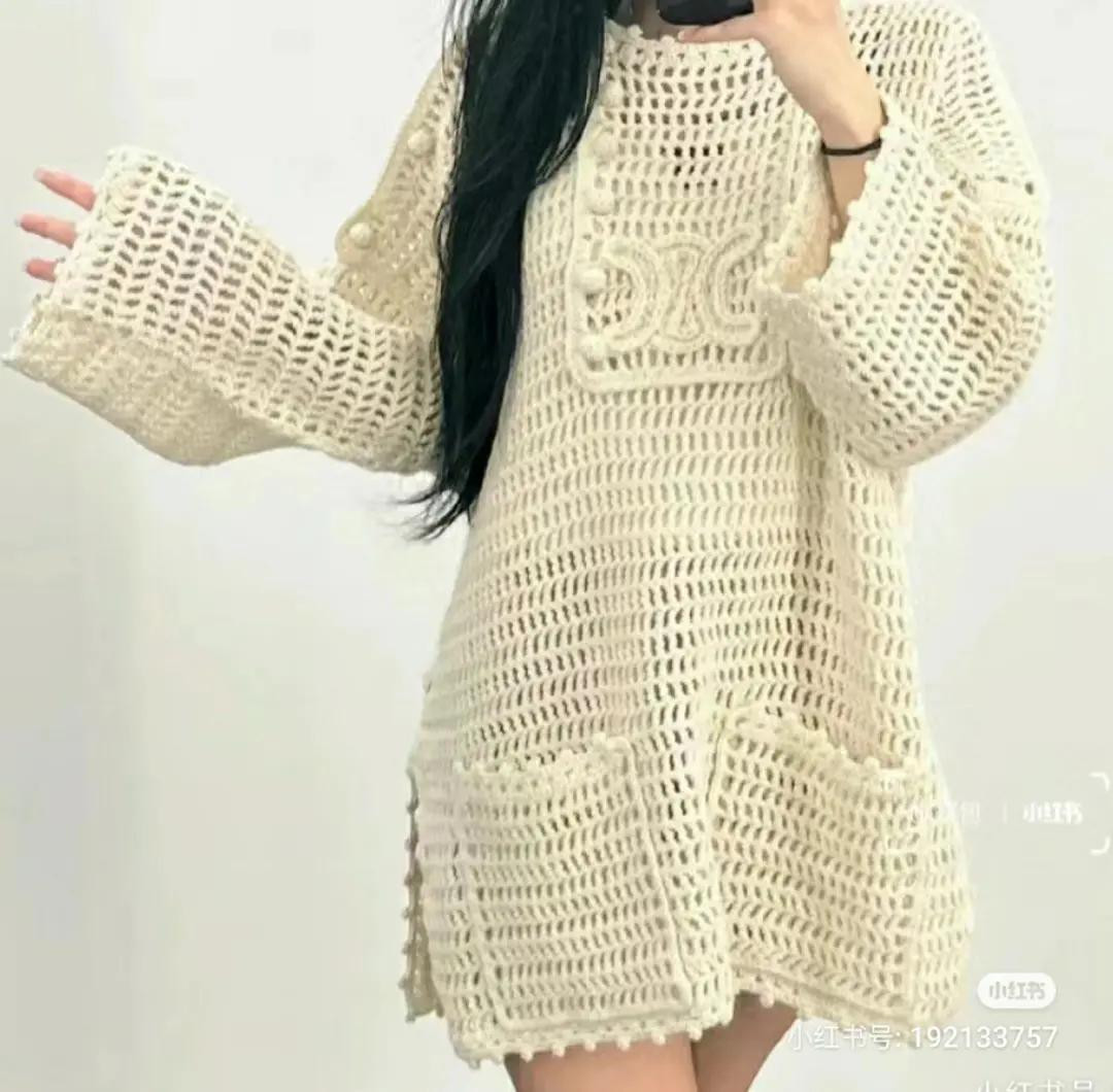 Crochet Chart for Cream Openwork Sweater Dress with Bell Sleeves and Pearl Details
