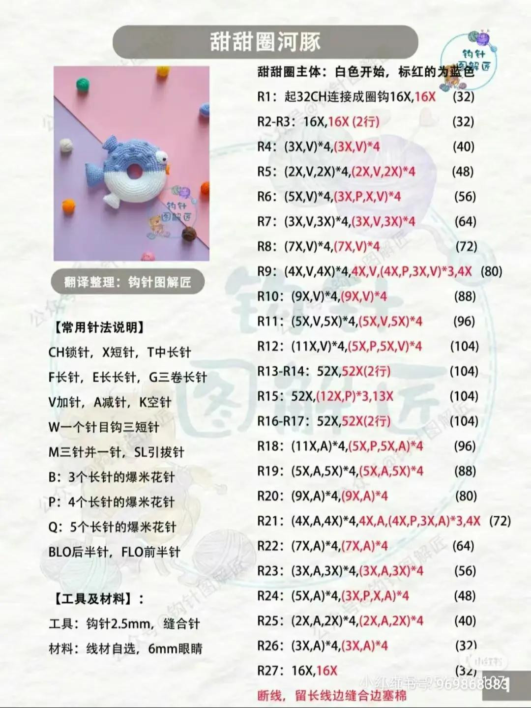 Crochet Chart for Cute Blue and White Donut Pufferfish Amigurumi with Step-by-Step Instructions