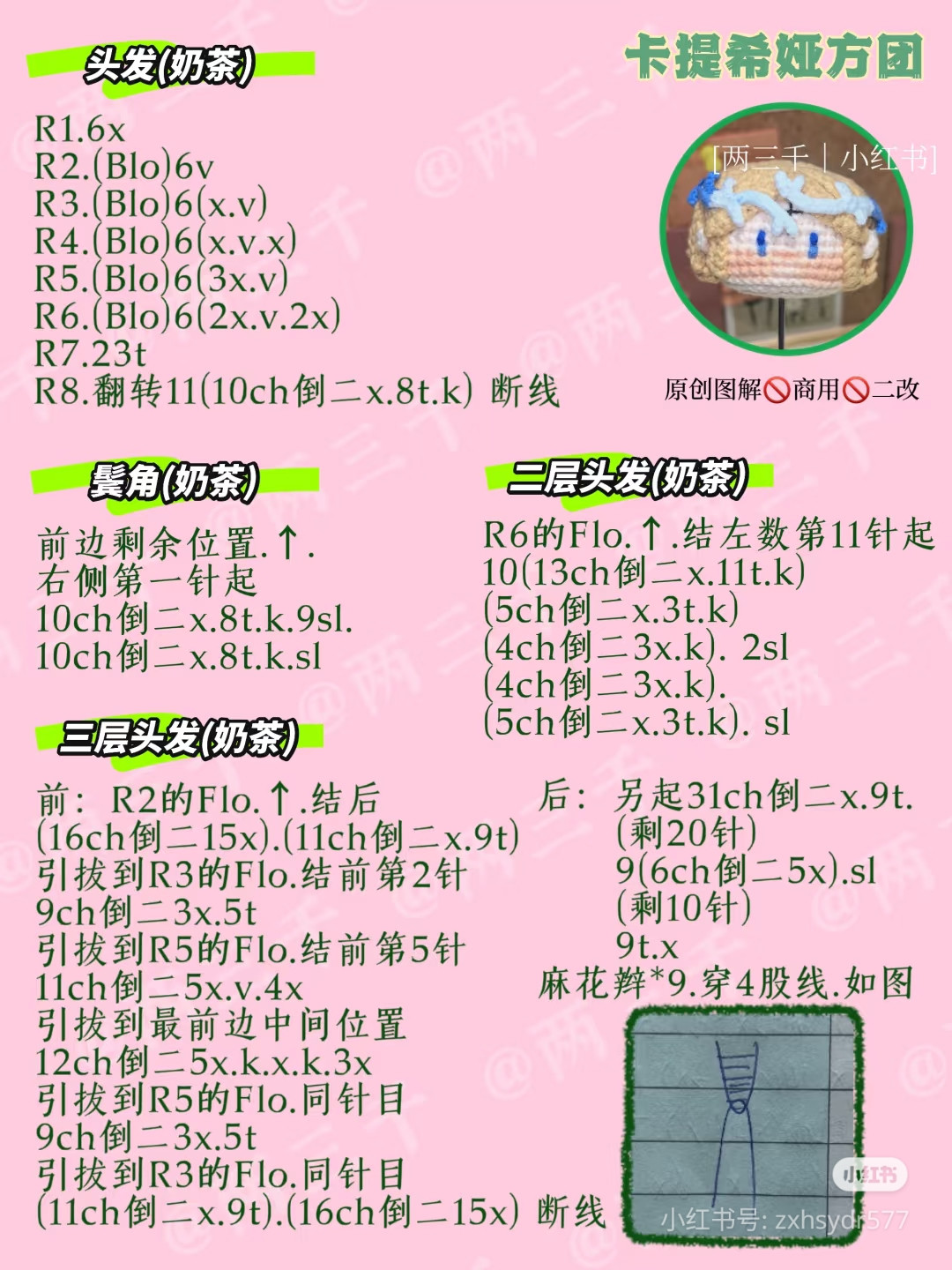 Crochet Chart for Cute Square Head Doll with Braids
