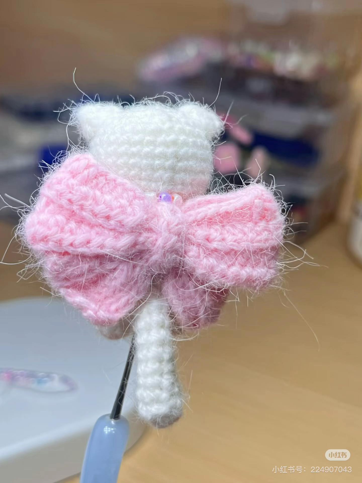 Crochet Chart for Cute White Cat with Pink Bow and Fish Bag