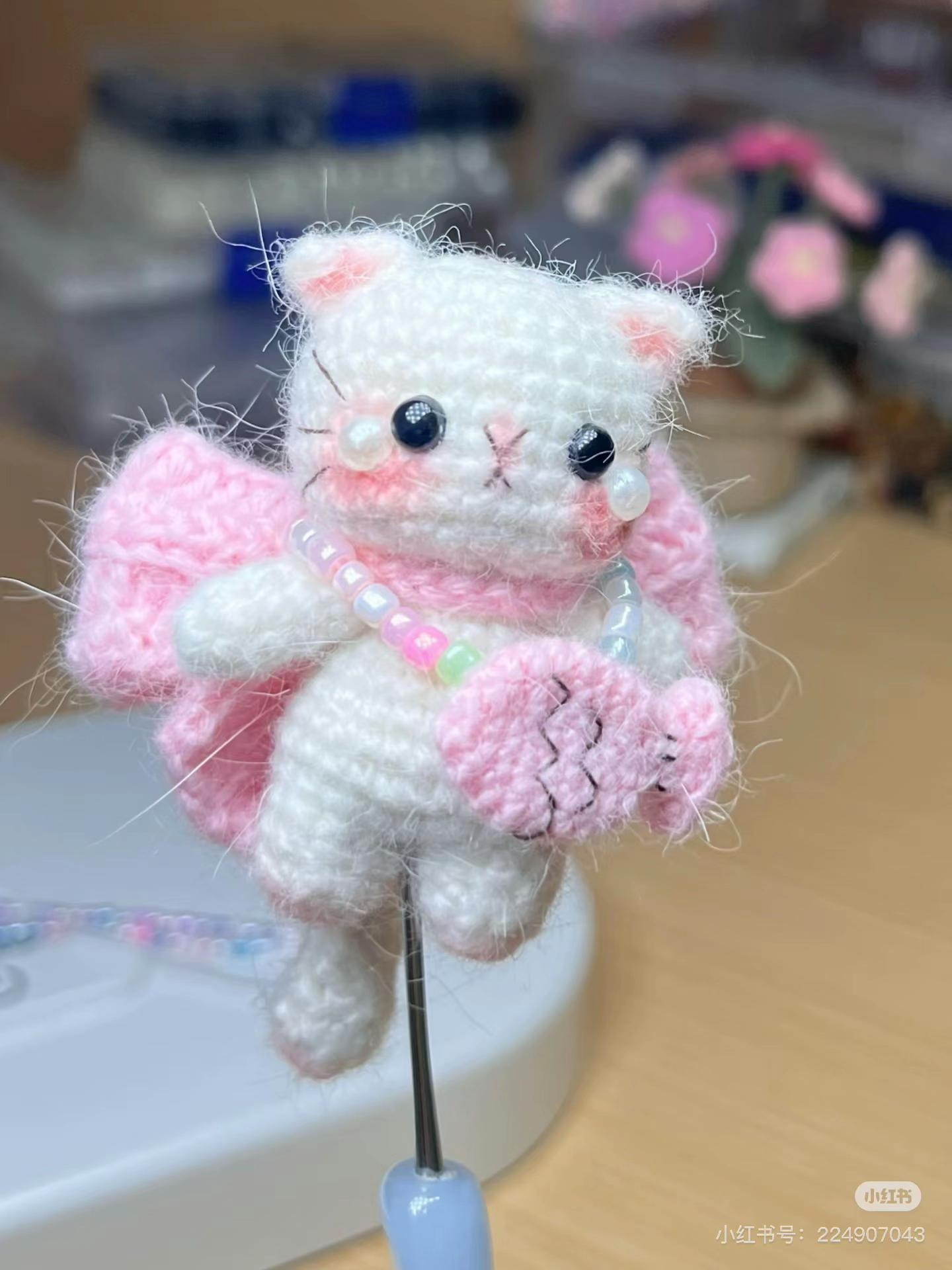 Crochet Chart for Cute White Cat with Pink Bow and Fish Bag