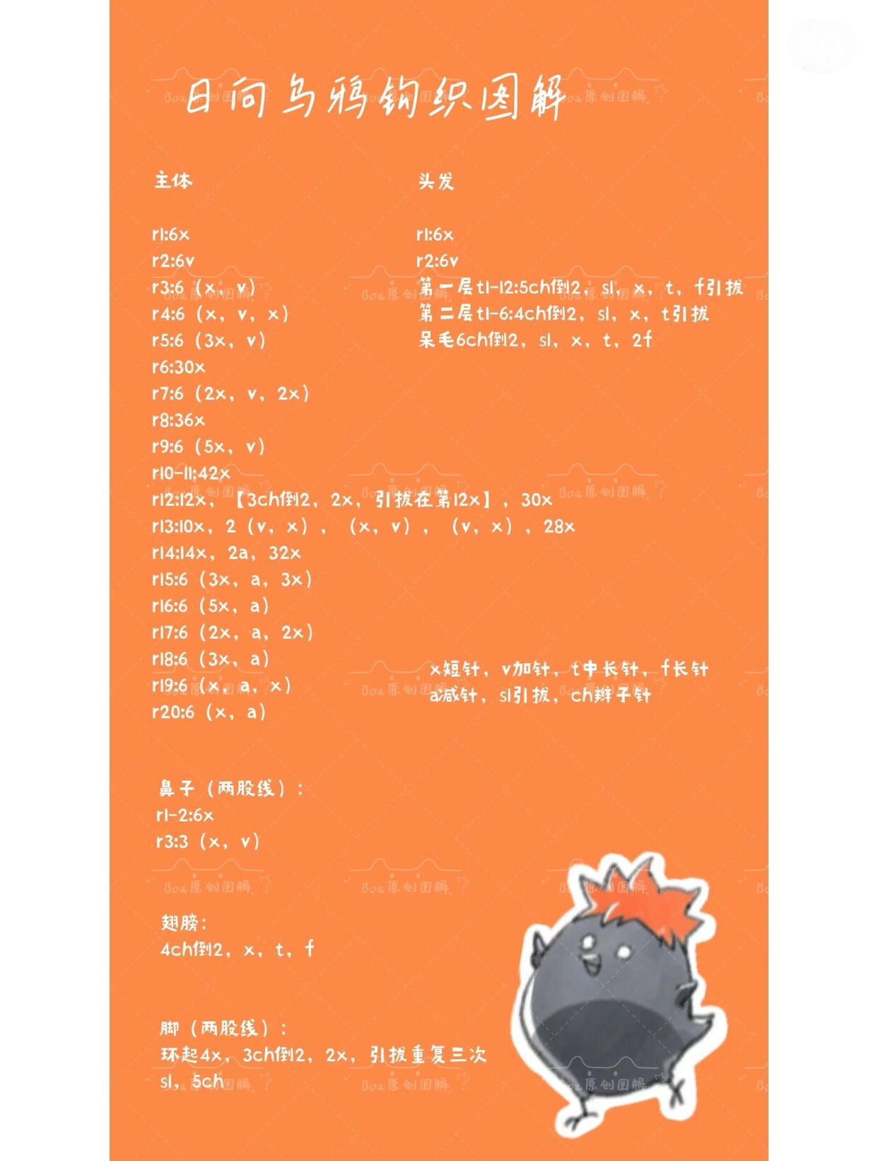 Crochet Chart for Haikyuu Hinata Shouyo Amigurumi Keychain Pattern